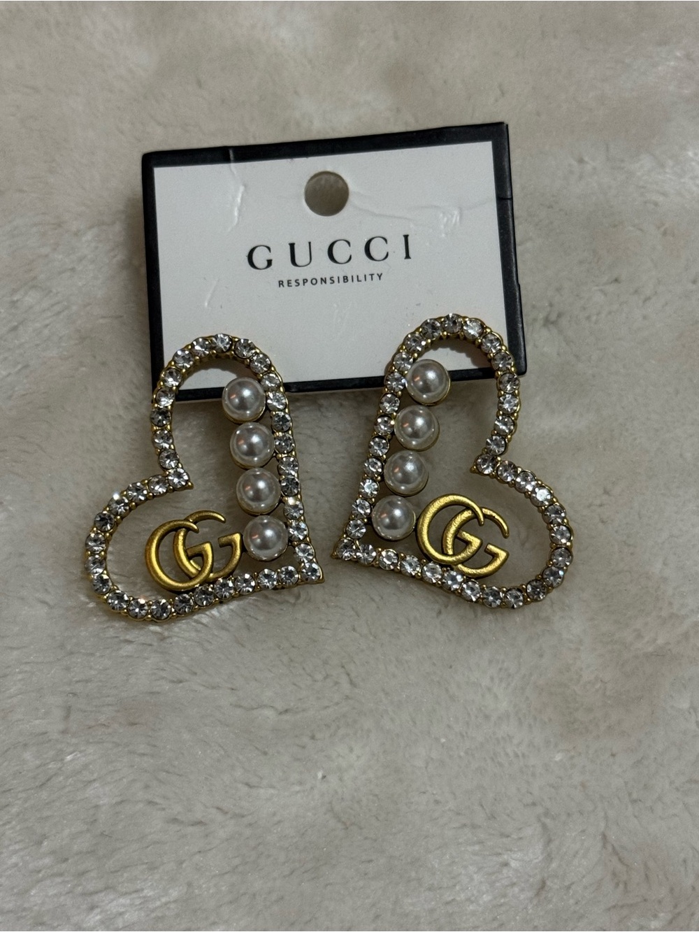 Gucci Gold Crystal & Pearl Heart Earrings